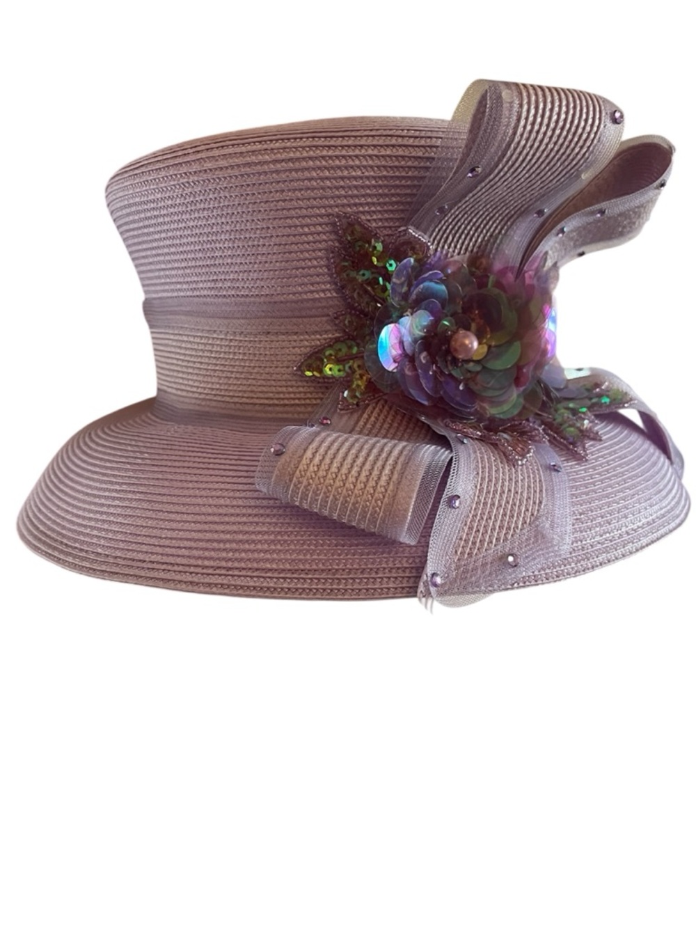Vintage Deborah Fashions lavender Woven Hat w/iridescent sequin floral accents.